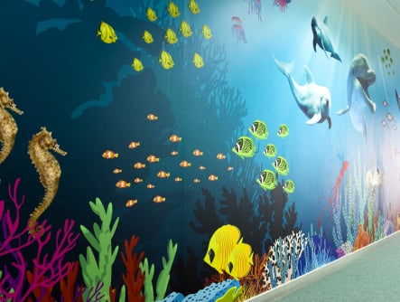 Bespoke colourful underwater themed school corridor wall art
