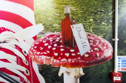 Close up of graphic from Alice in Wonderland inspired school wall art