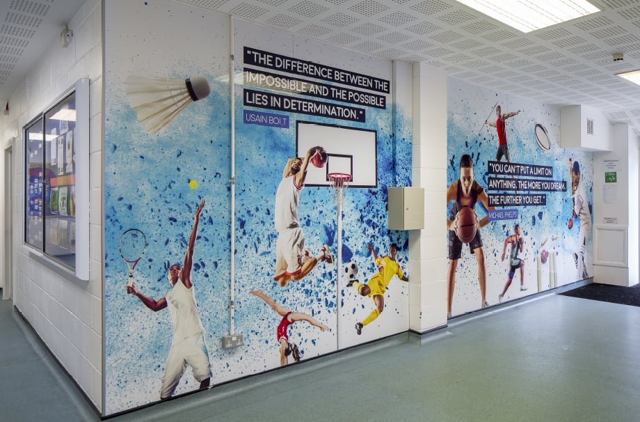 Brampton Manor Academy School inspirational sports themed throughway wall art