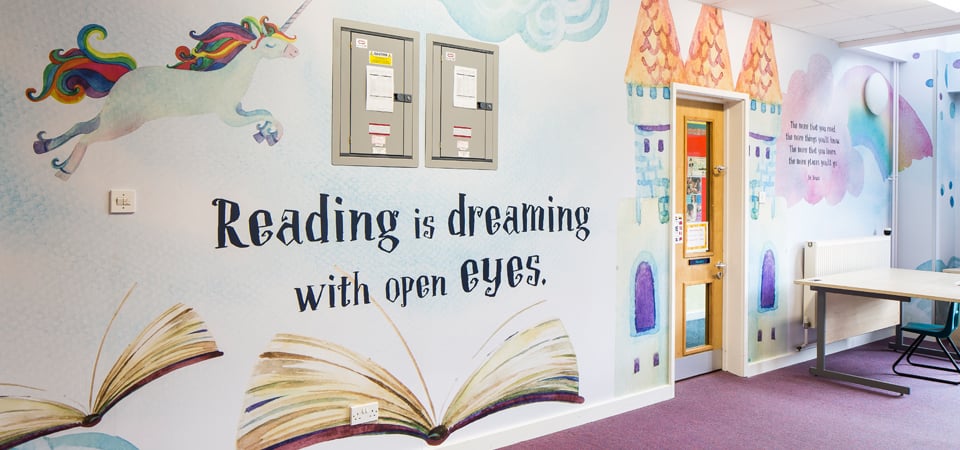 Ravenswood School reading wall themed corridor wall art