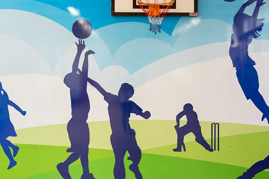 St Edwards sports hall bespoke themed school wall art