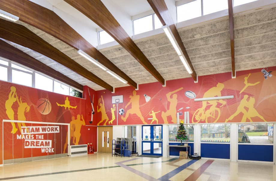 Primary School sports themed bespoke hall wrap wall art