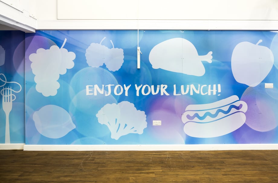 Healthy eating themed motivational school hall wrap feature wall art