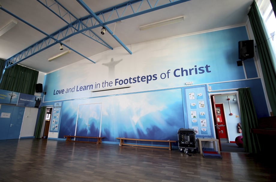 St Josephs Catholic School RE hall bespoke core values wall art