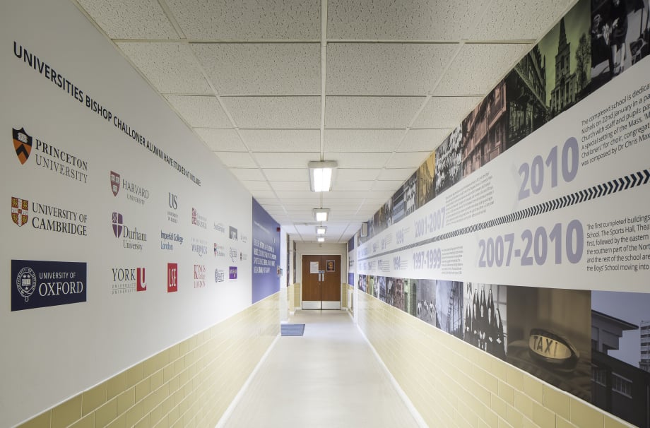 Bishop Challoner School historical timeline corridor wrap wall art