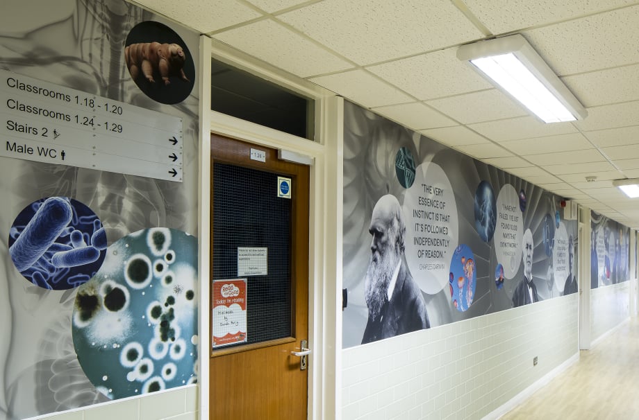 Bishop Challoner School greatest minds of history themed corridor wall art