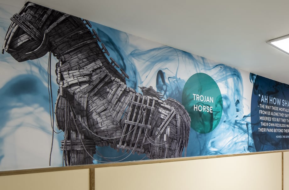 Harlow school Trojan horse themed corridor wall art