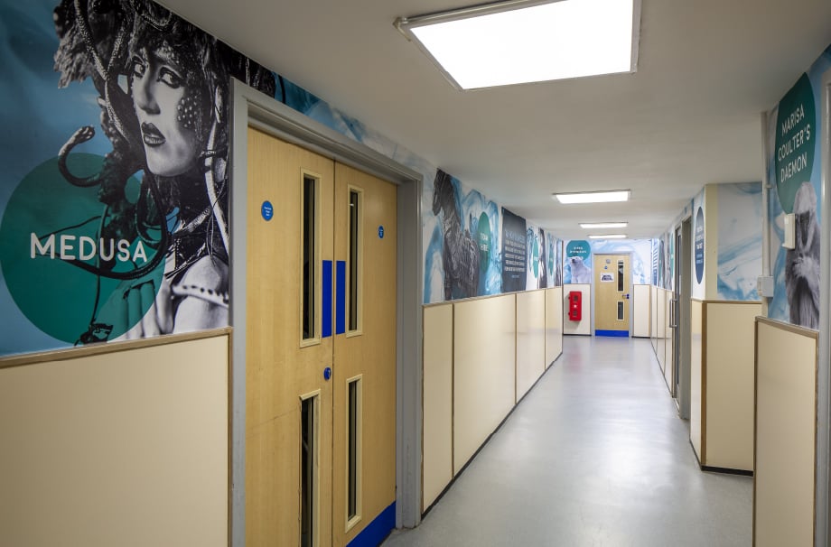 Harlow school medusa theme corridor wall art