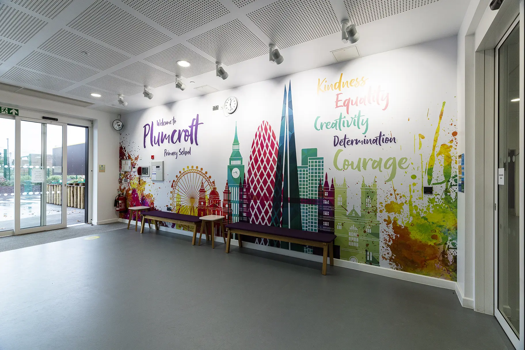 Plumcroft reception area school wall art